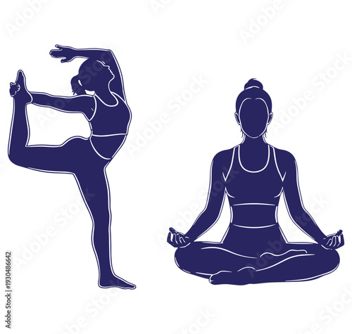 Silhouetted illustration depicting yoga poses showing meditation and balance practice