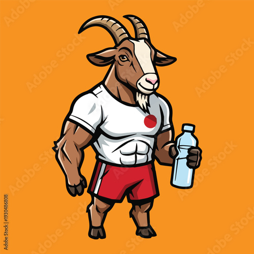 A powerful, muscular goat mascot, exhibiting impressive physique and holding a refreshing water bottle, embodies dedication to health, fitness, and a vigorous, active lifestyle