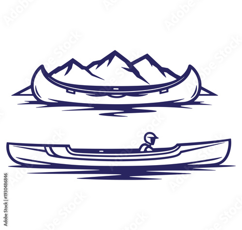 Two canoe illustrations depicting outdoor adventure and mountain scenery in a vintage style