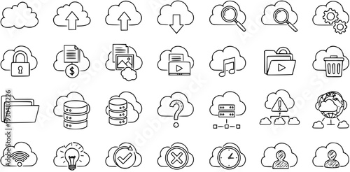 Hand-drawn Cloud Computing and Data Storage Icons Set. Sketch style symbols for network, security, upload, download, server, files, and more technology concepts.