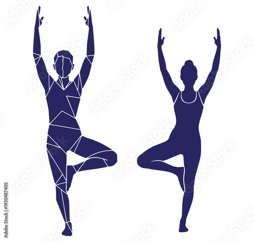 Two yoga poses in tree position depicted in geometric and silhouette styles