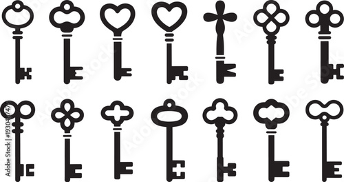 Various black keys on a white background key black and white isolated various keys key shapes