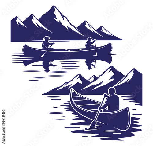 Vector illustration depicting canoeing adventure with majestic mountain landscape silhouettes