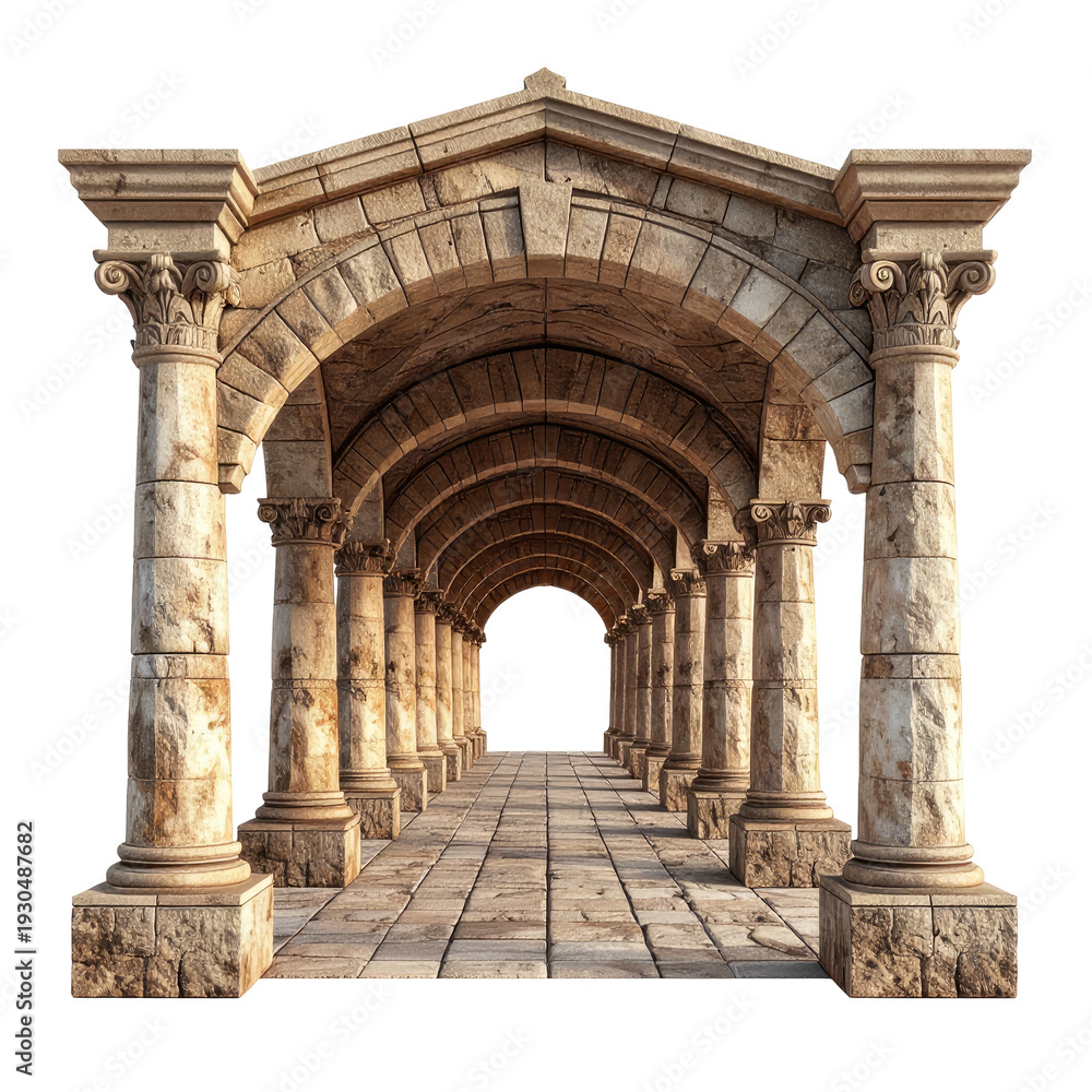 Obraz premium Stone arched colonnade perspective leads to darkness, classical design