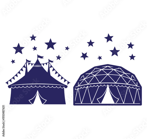 Vector illustration featuring circus tents and starry night sky elements for design