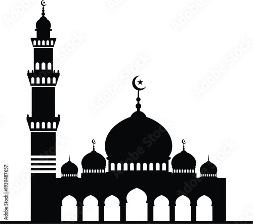Black Silhouette of Grand Mosque with Domes and Minarets, Islamic Architecture Illustration