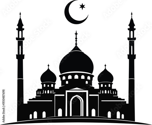Black Silhouette of Grand Mosque with Domes and Minarets, Islamic Architecture Illustration