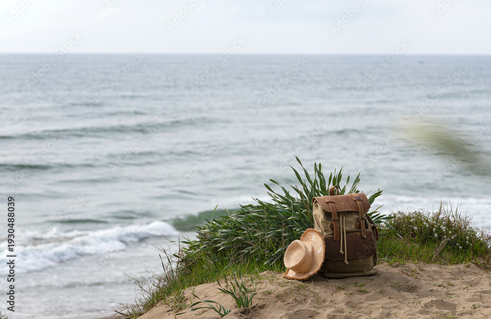 Naklejka premium Dune with backpack and straw hat next to blurred sea
