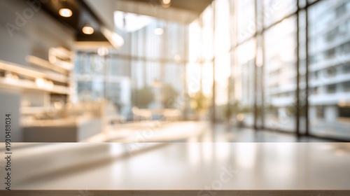 The modern, bright, and airy office space features a blurred background and a soft beige blank copy area. Sunlight streams in through the windows, creating a professional corporate atmosphere.