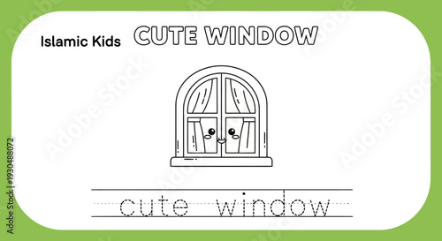 Cute cartoon window with eyes and smile, educational writing practice for kids