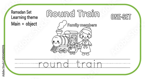 Cute Cartoon Train with Family Members for Kids Learning and Coloring