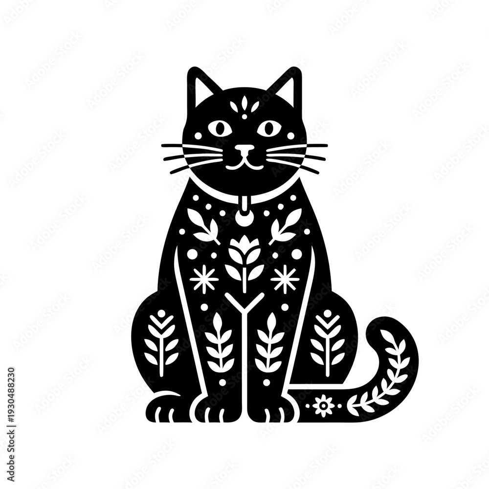 Obraz premium Ornate sitting cat with complex folk floral pattern details flat vector illustration