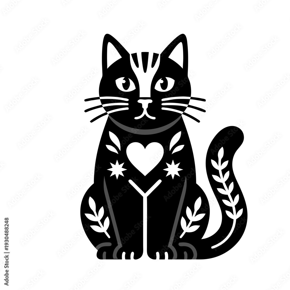 Obraz premium Sitting black cat with heart and floral folk ornaments flat vector illustration