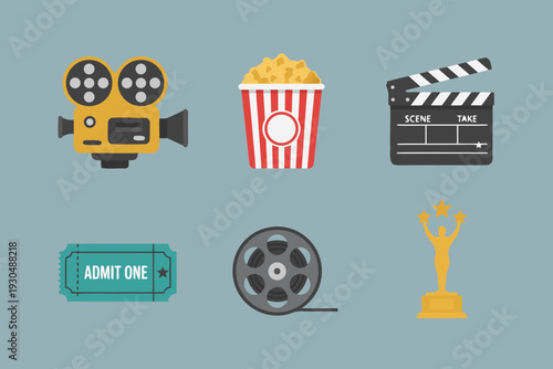 Cinema and movie production icons set with camera and popcorn flat vector illustration