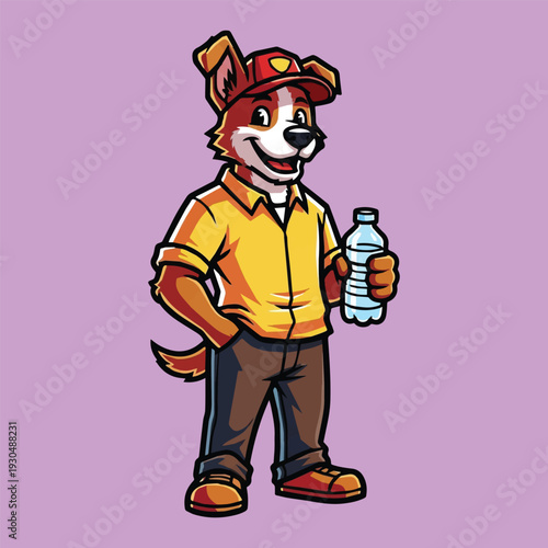 Happy cartoon dog wearing a yellow shirt and brown pants, holding a plastic water bottle, standing against a plain purple background
