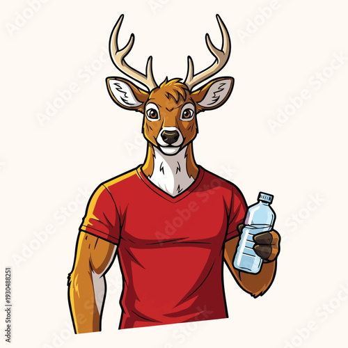 Cartoon deer character with a muscular physique holding a water bottle, promoting a healthy lifestyle