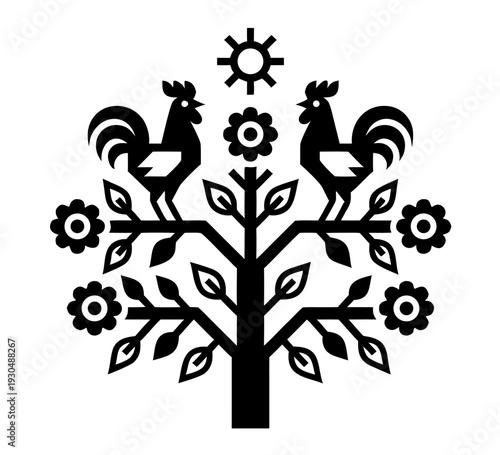 Folk tree of life with two roosters flowers and sun flat vector illustration