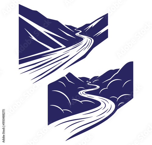 Vector illustrations depicting winding roads through mountainous landscapes with blue color scheme