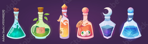 Magic potion bottles - cartoon vector enchanting glass flasks with cork stoppers for Halloween witch brewing. Magical elixir jars - fantasy alchemy spells, poison vials and cute sorcerer game icons