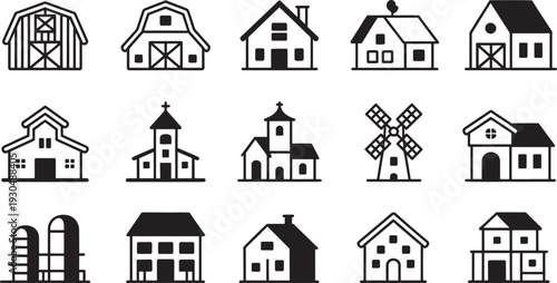 Various house and building black white barn