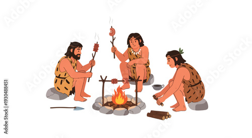 Prehistoric Humans Cooking Over Campfire - Stone Age Lifestyle