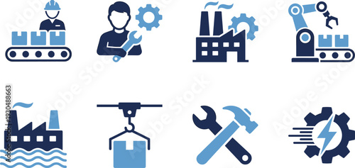 Industrial Manufacturing and Factory Icon Set with Robotic Automation Maintenance Engineering Energy and Smart Production Symbols