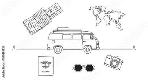 Travel Planning Layout with Camper Van, Passport, Map, Camera, and Sunglasses on a Light Beige Background