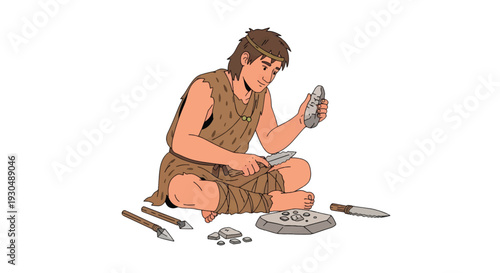 Stone Age Human Crafting Stone Knife - Prehistoric Tool Making