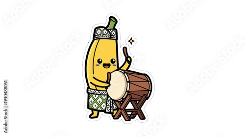 A cartoon banana character playing a drum with a happy expression.