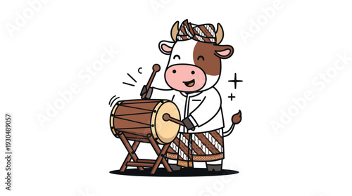 Cartoon cow playing a traditional drum with enthusiasm and energy.