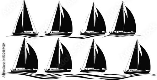 Sailboat silhouettes on ocean waves, classic sailing yachts with wind sails, marine travel adventure, nautical transportation vector illustration isolated set