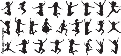 Silhouettes of Happy Women Jumping for Joy, Celebration and Fun Icons