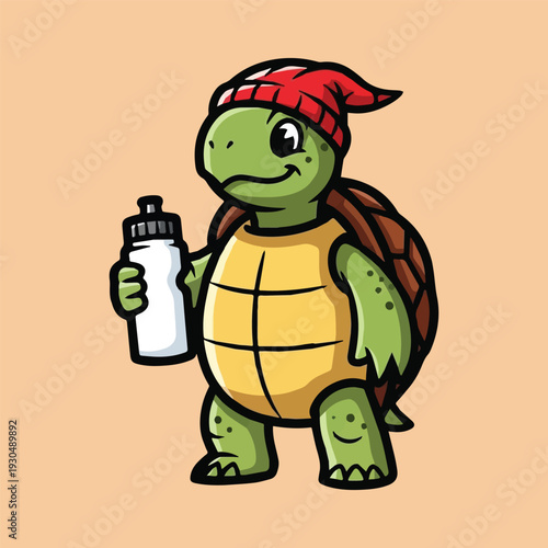 Cute cartoon turtle wearing a stylish red beanie and holding a water bottle, symbolizing a healthy, active lifestyle and the importance of hydration