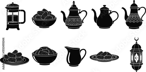 Arabic tea set and dates silhouettes with traditional teapots lantern and coffee pot, Ramadan hospitality culture food drink vector illustration collection