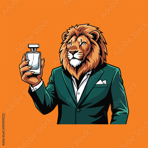 Sophisticated Lion in a Suit Holding a Perfume Bottle, Representing Luxury and Masculinity