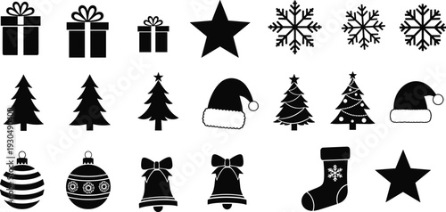 Christmas holiday icons set with gifts trees snowflakes stars ornaments Santa hat bells stocking festive winter silhouette vector collection design