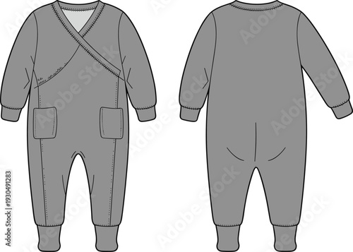 Vector illustration of gray baby jumpsuit with long sleeves, cuffed wrists and ankles, pockets, overlapping neckline, front and back views, CAD drawing design