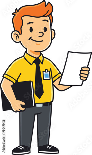 Cartoon Businessman Holding Document and Folder Wearing ID Badge Yellow Shirt and Tie Isolated on White Background Vector Illustration