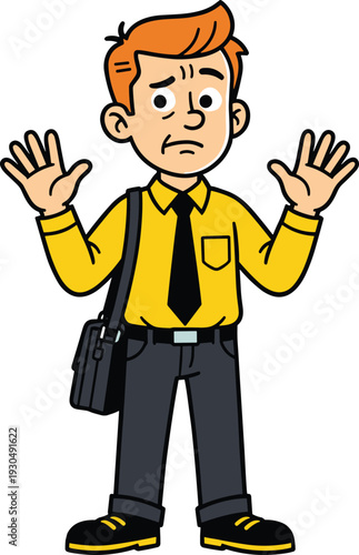 Cartoon Businessman Showing Surrender Gesture with Raised Hands Wearing Yellow Shirt and Tie Isolated on White Background Vector Illustration