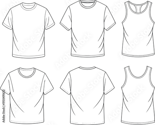 Vector t-shirt and tank top flat sketches, front and back views, technical clothing illustration, casual unisex fashion template, apparel design