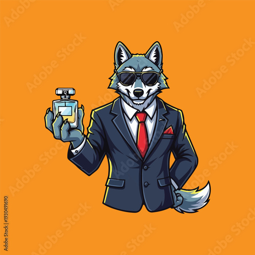 Sophisticated Wolf in Business Suit Holding a Perfume Bottle, Representing Elegance and Masculine Fragrance