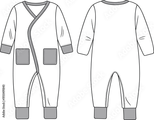 Vector illustration of white baby jumpsuit with long sleeves, cuffed wrists and ankles, front pockets, overlapping neckline, front and back views, CAD drawing design