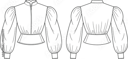 Victorian-inspired peplum blouse sketch with puff sleeves, sweetheart neckline, front and back view, elegant fashion illustration, stylish clothing template