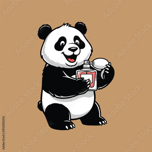 An adorable cartoon panda happily holding and admiring a bottle of fragrant perfume, embodying charm and a pleasant aroma
