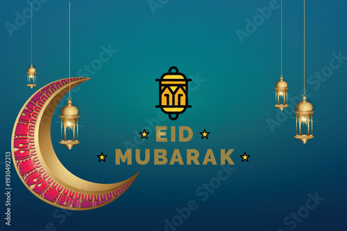 Artistic background with pink patterned crescent moon and golden lamps 