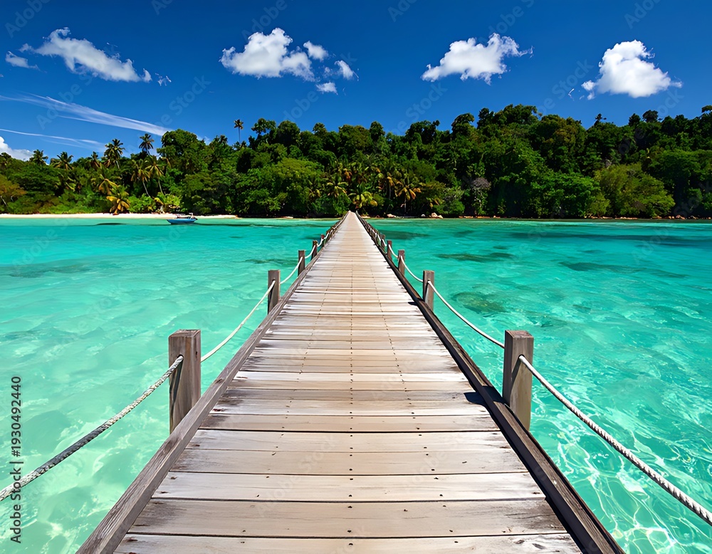 Fototapeta premium Wooden Pier Leading to Tropical Island Paradise with Turquoise Water.