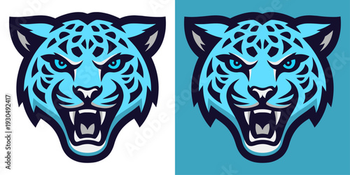 Two blue jaguar or cheetah head logos with black outlines and blue backgrounds for design