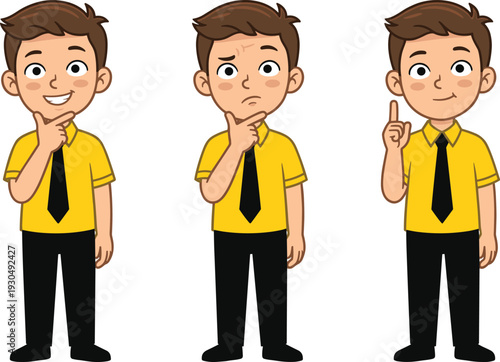 Set of Cartoon School Boy Showing Thinking Confused and Idea Gestures Isolated on White Background Education Concept Vector Illustration
