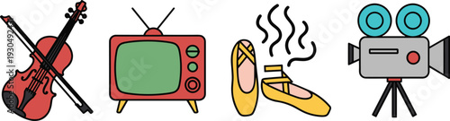 Violin, television, ballet shoes, film camera, entertainment icons, music, dance, cinema, broadcasting, retro style, creative arts, vintage media, illustration