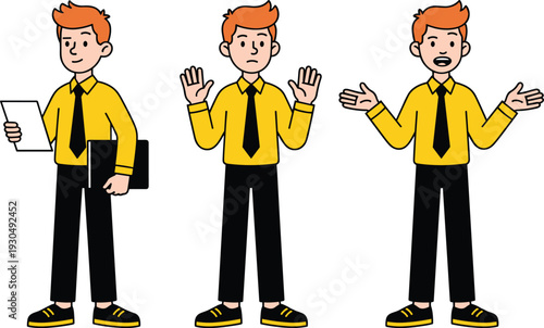 Set of Cartoon Businessman Character Holding Documents Showing Stop Gesture and Presenting Idea Isolated on White Background Vector Illustration